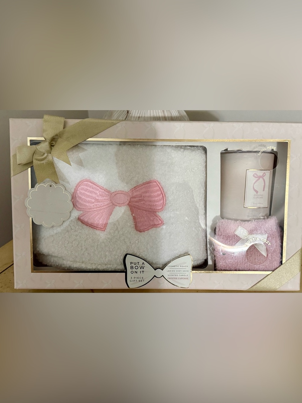 “Put A Bow On It” Sherpa Cosmetic Pouch, Cozy Sock and Candle Gift Set - NEW